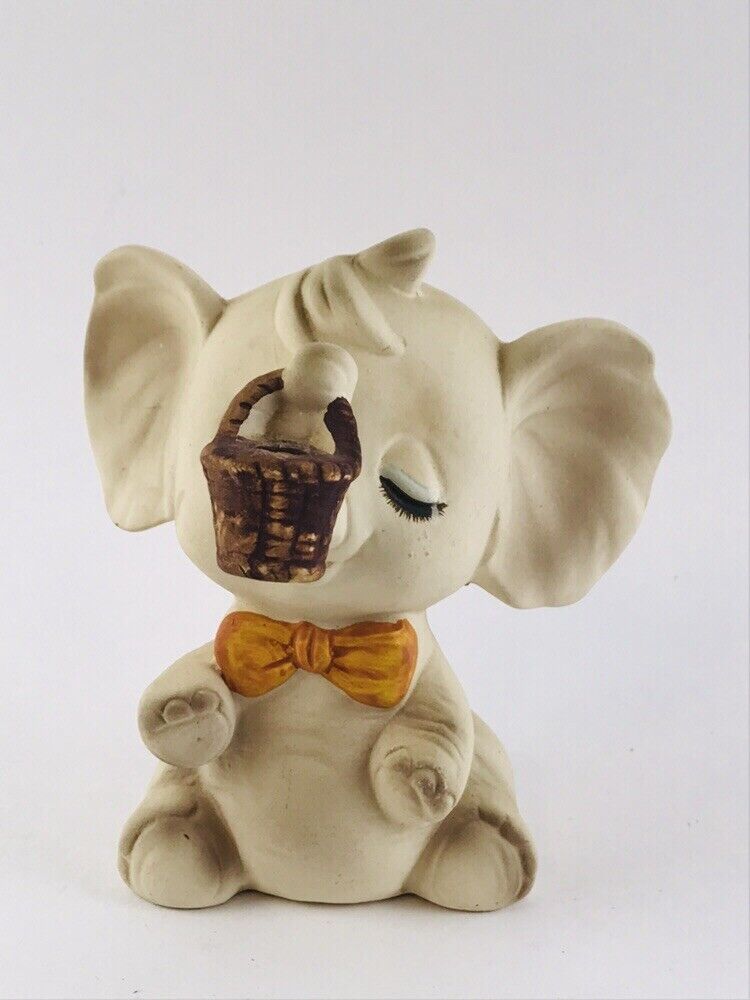 Vintage Porcelain Elephant Holding Basket Orange Bow Coin Baby Piggy Bank -Japan