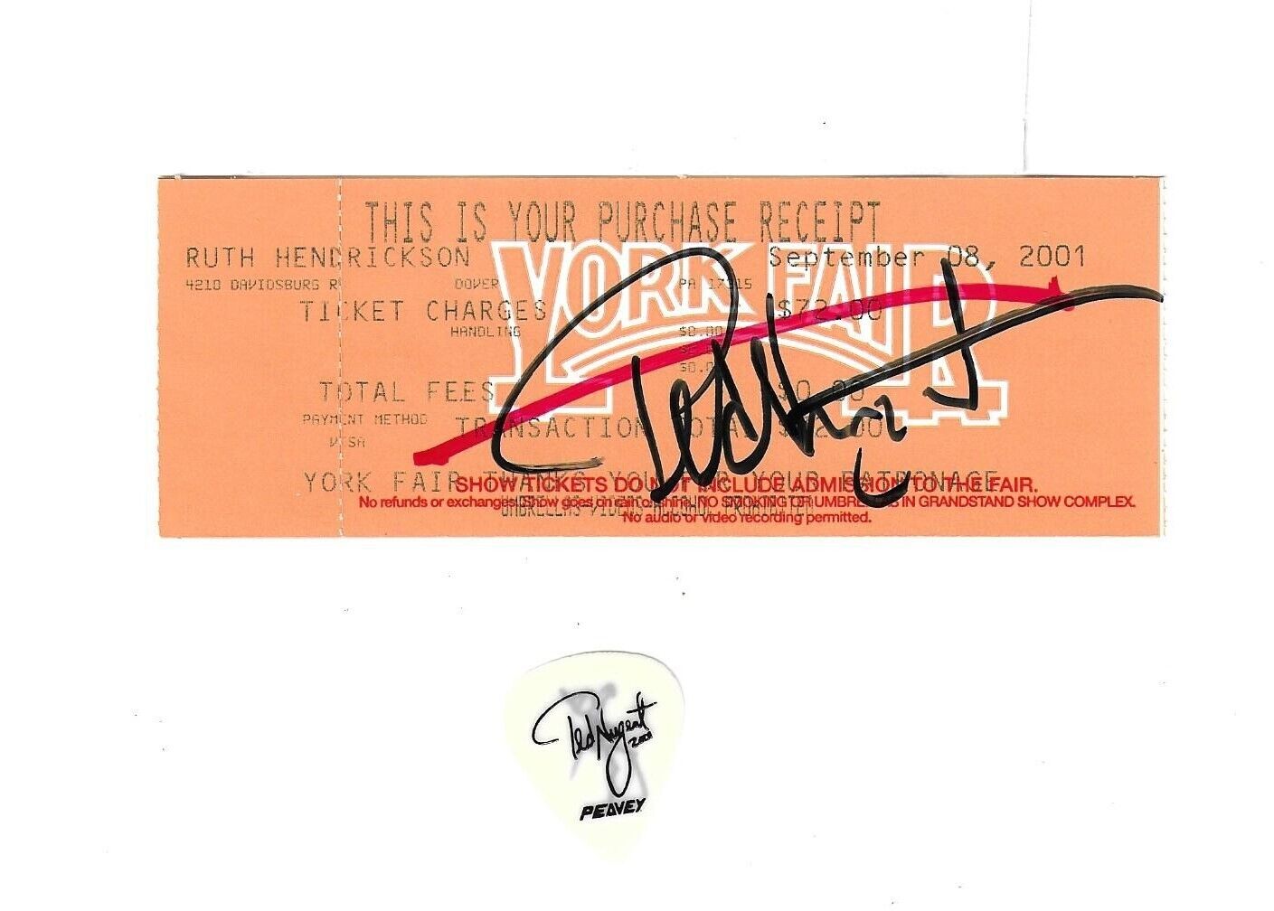 TED NUGENT Autographed Concert Ticket 2001 plus Custom Pick