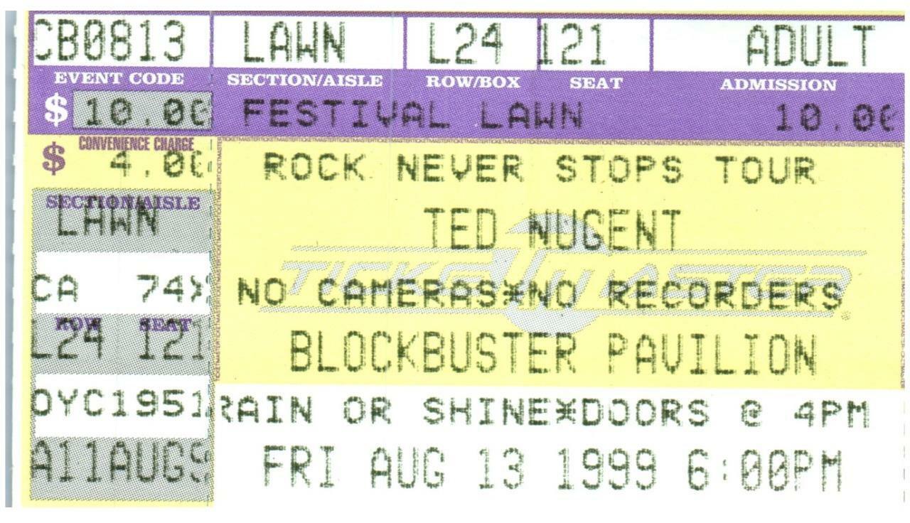 Vintage Ted Nugent Ticket Stub August 13 1999 Charlotte North Carolina