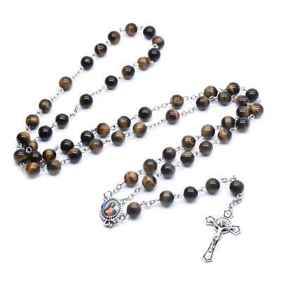Rosary Prayer Bead Tiger Eye Stone Necklace Cross Christian Lucky Amulet Jewelry