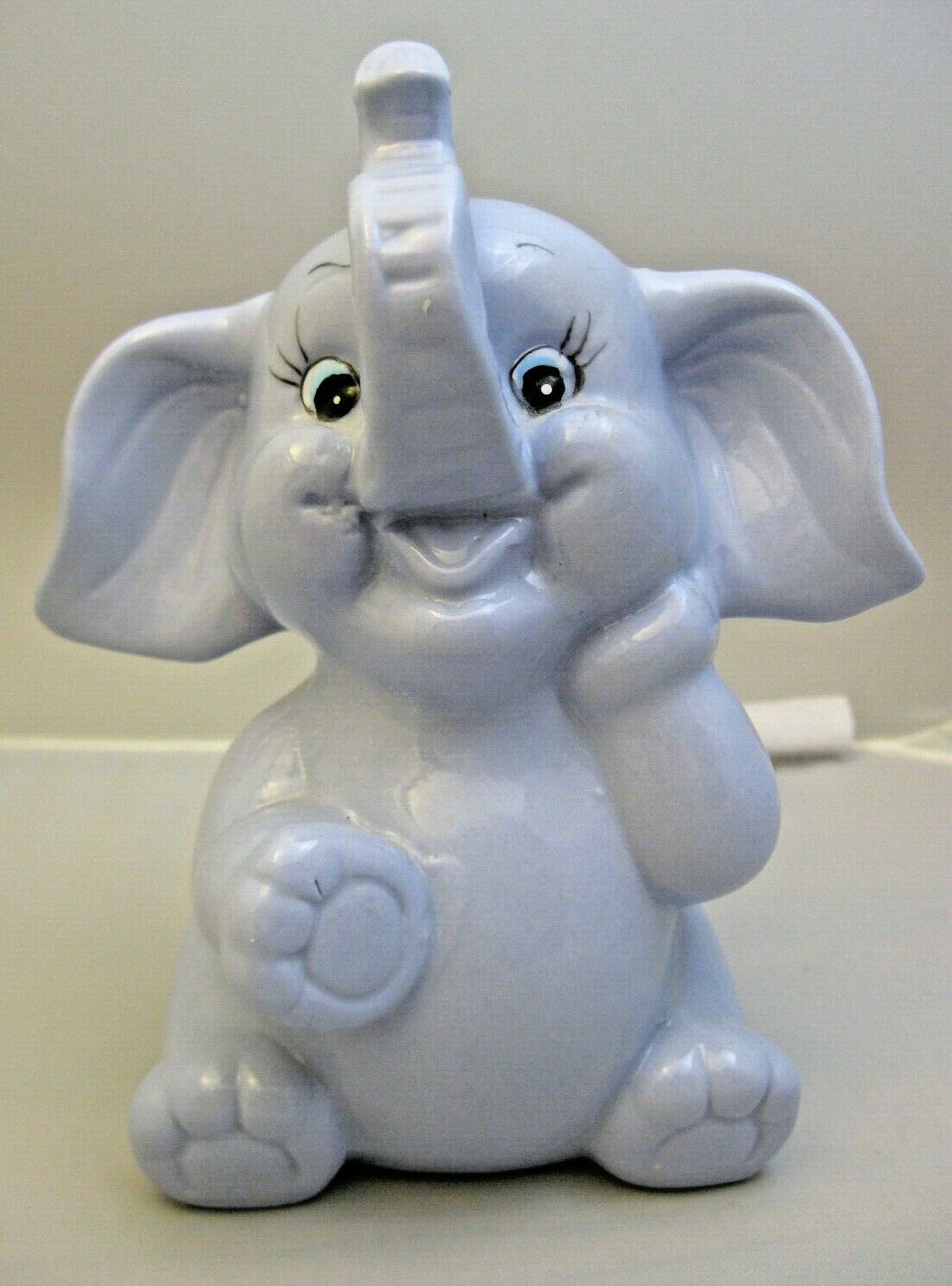 Vintage Blue Grey Elephant Coin Bank With Stopper Sitting Smiling Cute Elephant