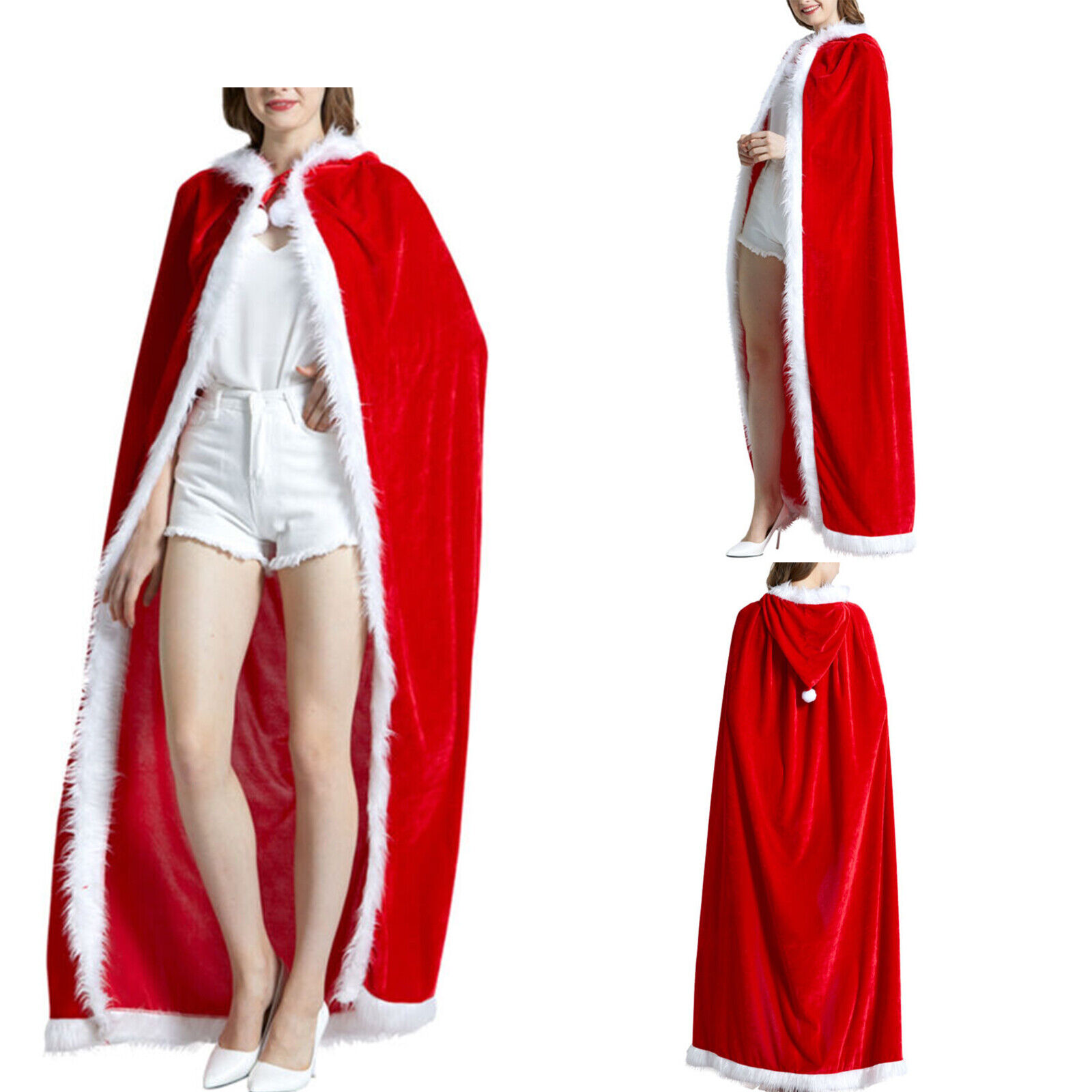 Womens Velvet Hooded Cape Cloak Sexy Santa Christmas Cosplay Costumes Overcoat