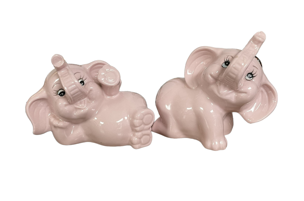 Pair Of Ceramic Pink Elephant Coin Banks W/ Stoppers