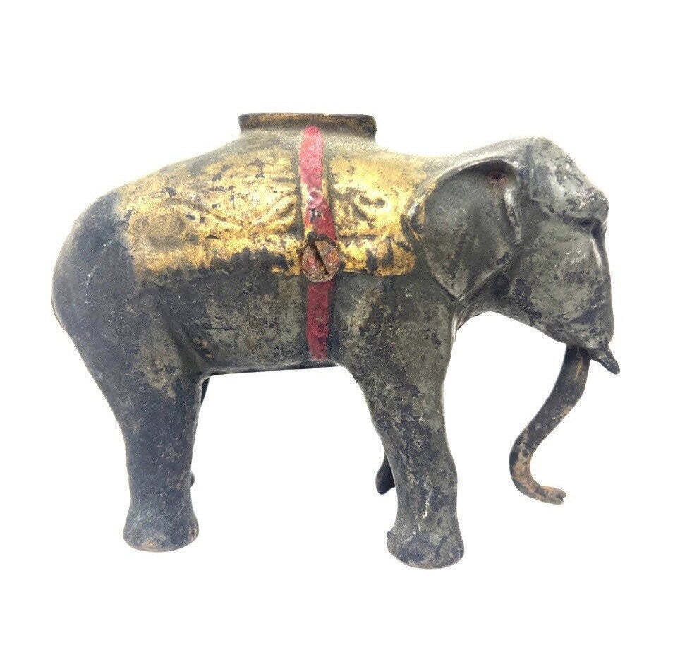 Antique Elephant Coin Piggy Bank Cast Iron Mechanical Trunk With Raised Slot
