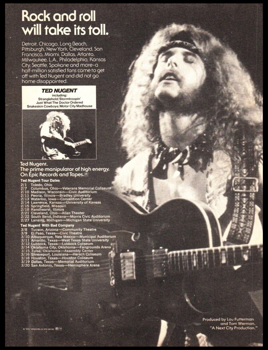 1976 Ted Nugent Debut-print Ad / Mini-poster-photo Vtg 70’s Rock Music Décor